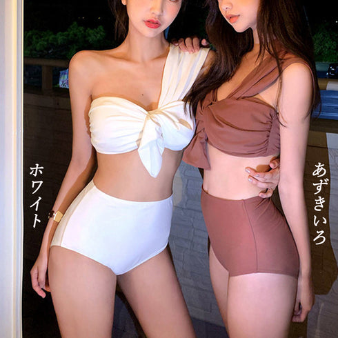 ワンショルダー 水着 2点セット ワンショルダー 水着 2点セット セパレート 水着 レディース 体型カバー バンドゥ ビキニ ハイウエスト KAISIDI-002
