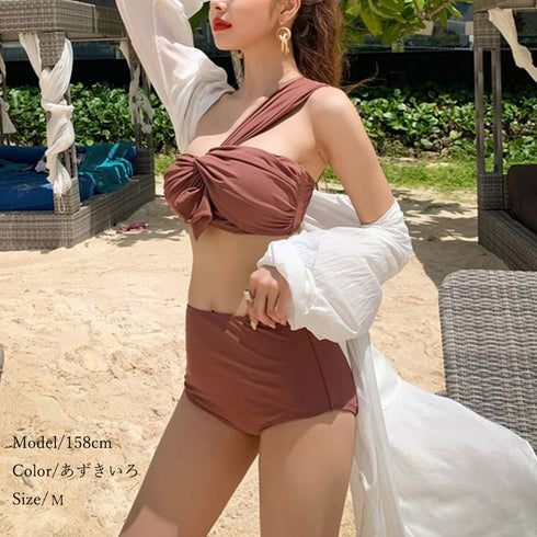 ワンショルダー 水着 2点セット ワンショルダー 水着 2点セット セパレート 水着 レディース 体型カバー バンドゥ ビキニ ハイウエスト KAISIDI-002