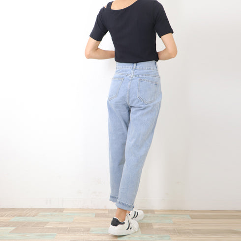 デニムパンツ レディース ハイウエスト ジーンズ ロールアップ 韓国ファッション 美脚パンツ ストレート ジーパン カジュアル ゆったり 春夏秋冬 KHNZ-014