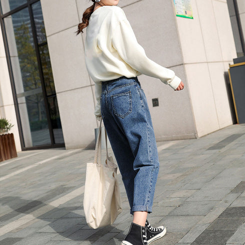 デニムパンツ レディース ハイウエスト ジーンズ ロールアップ 韓国ファッション 美脚パンツ ストレート ジーパン カジュアル ゆったり 春夏秋冬 KHNZ-014