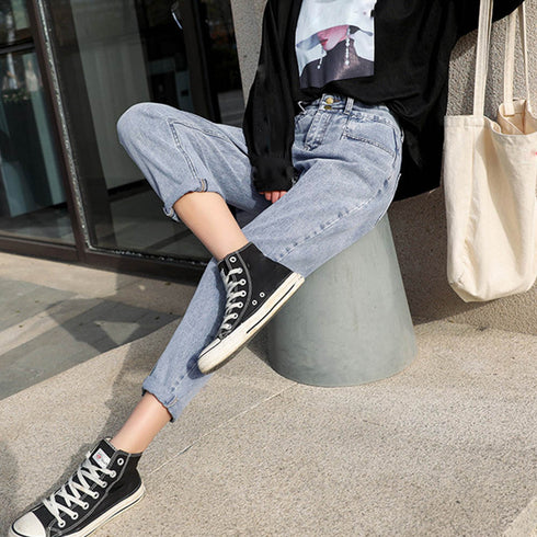 デニムパンツ レディース ハイウエスト ジーンズ ロールアップ 韓国ファッション 美脚パンツ ストレート ジーパン カジュアル ゆったり 春夏秋冬 KHNZ-014