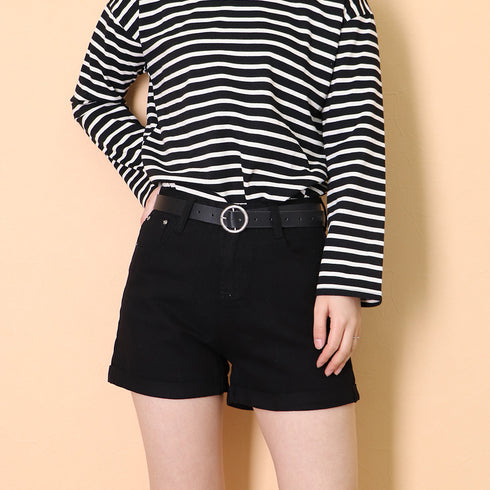 ベルト付きデニムショートパンツ春夏短パン ハイウエストデニムパンツレディース ロールアップデニムショーパン美脚脚長 着やせカジュアルホットパンツ おしゃれ 韓国風 MUSID-001