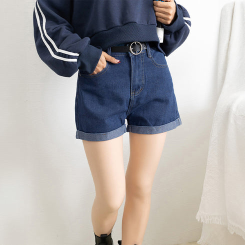 ベルト付きデニムショートパンツ春夏短パン ハイウエストデニムパンツレディース ロールアップデニムショーパン美脚脚長 着やせカジュアルホットパンツ おしゃれ 韓国風 MUSID-001