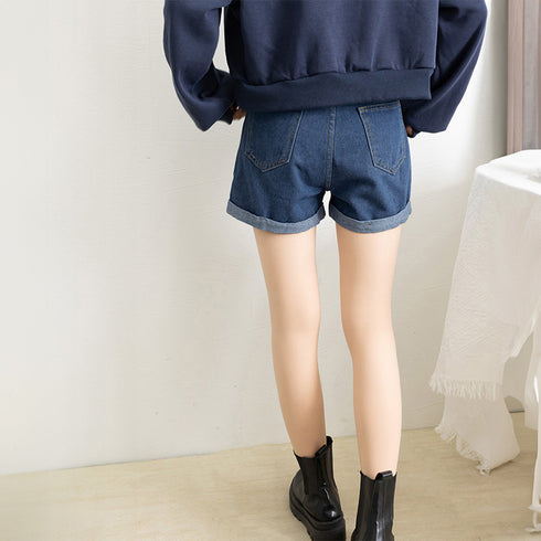 ベルト付きデニムショートパンツ春夏短パン ハイウエストデニムパンツレディース ロールアップデニムショーパン美脚脚長 着やせカジュアルホットパンツ おしゃれ 韓国風 MUSID-001