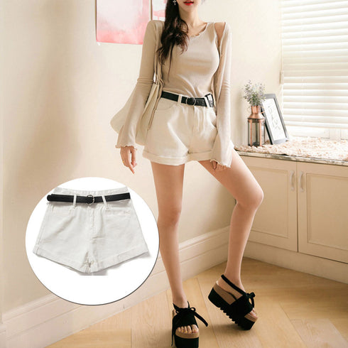 ベルト付きデニムショートパンツ春夏短パン ハイウエストデニムパンツレディース ロールアップデニムショーパン美脚脚長 着やせカジュアルホットパンツ おしゃれ 韓国風 MUSID-001