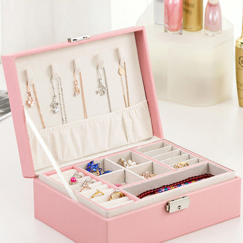 ジュエリー収納ボックス 小物入れ 贈り物 大容量 携帯 韓国 アクセサリーケース 2層 鍵付き PUレザー 収納box 指輪 ピアス イヤリング 首飾り収納ケース QINGYU-001