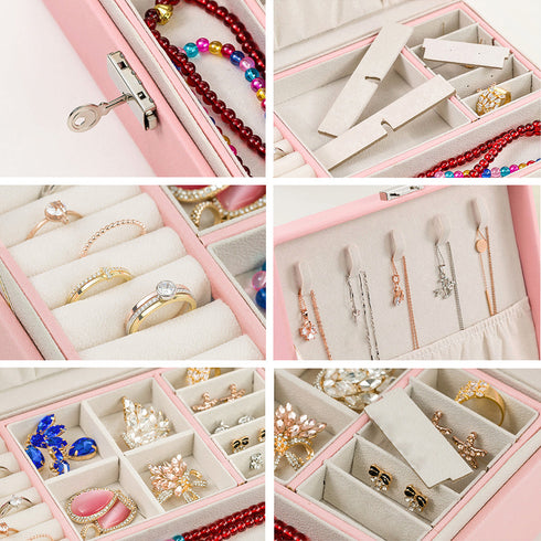 ジュエリー収納ボックス 小物入れ 贈り物 大容量 携帯 韓国 アクセサリーケース 2層 鍵付き PUレザー 収納box 指輪 ピアス イヤリング 首飾り収納ケース QINGYU-001