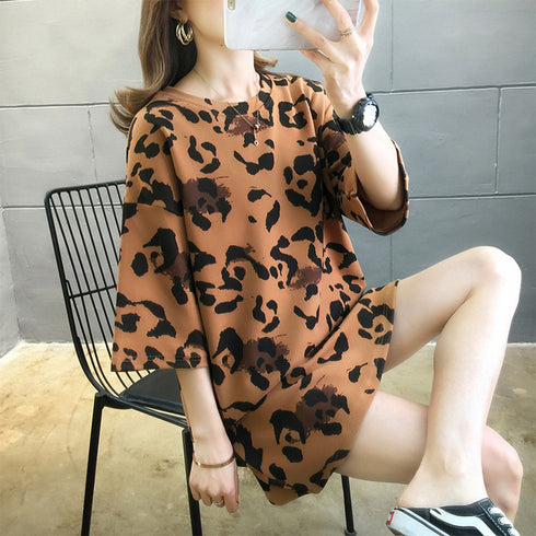 ヒョウ柄 tシャツ レディース 五分袖 ロングtシャツ カットソー ゆったり 体型カバー Tシャツ チュニック 夏服 プルオーバー 韓国ファッション ストリート TIANCH-001