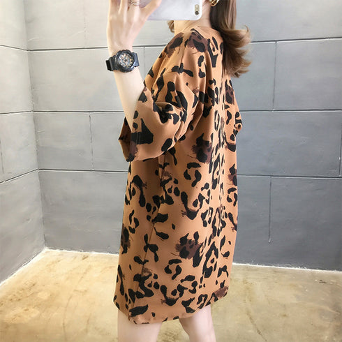 ヒョウ柄 tシャツ レディース 五分袖 ロングtシャツ カットソー ゆったり 体型カバー Tシャツ チュニック 夏服 プルオーバー 韓国ファッション ストリート TIANCH-001