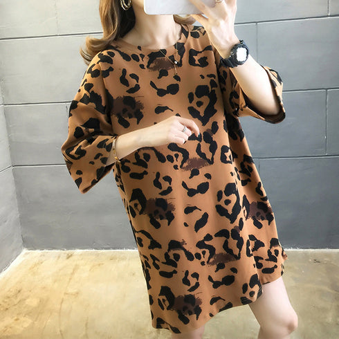 ヒョウ柄 tシャツ レディース 五分袖 ロングtシャツ カットソー ゆったり 体型カバー Tシャツ チュニック 夏服 プルオーバー 韓国ファッション ストリート TIANCH-001