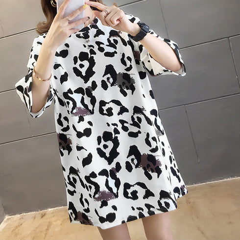 ヒョウ柄 tシャツ レディース 五分袖 ロングtシャツ カットソー ゆったり 体型カバー Tシャツ チュニック 夏服 プルオーバー 韓国ファッション ストリート TIANCH-001