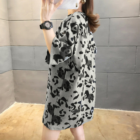 ヒョウ柄 tシャツ レディース 五分袖 ロングtシャツ カットソー ゆったり 体型カバー Tシャツ チュニック 夏服 プルオーバー 韓国ファッション ストリート TIANCH-001