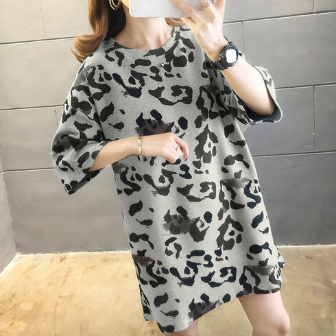 ヒョウ柄 tシャツ レディース 五分袖 ロングtシャツ カットソー ゆったり 体型カバー Tシャツ チュニック 夏服 プルオーバー 韓国ファッション ストリート TIANCH-001