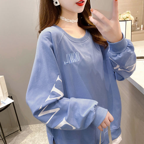 チュニックロンT 長袖 レディース韓国風 レイヤード風トップス おしゃれ ゆったりトレーナー 体型カバー 春秋服ストリート 重ね着風 スウェットカットソー ロゴT TIANCH-003