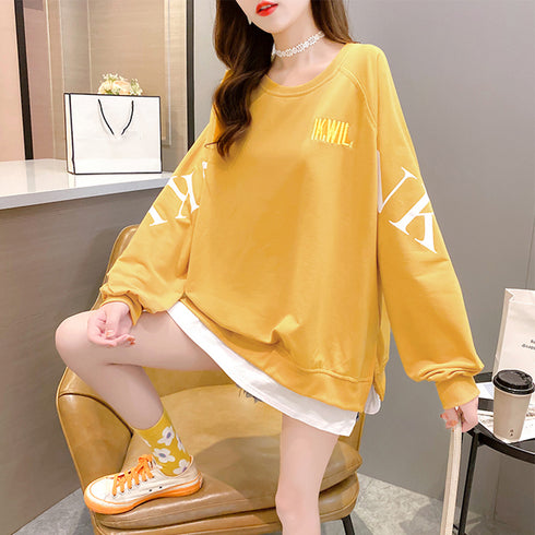 チュニックロンT 長袖 レディース韓国風 レイヤード風トップス おしゃれ ゆったりトレーナー 体型カバー 春秋服ストリート 重ね着風 スウェットカットソー ロゴT TIANCH-003