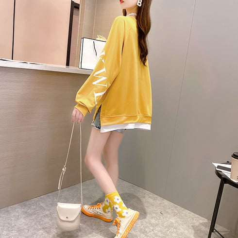 チュニックロンT 長袖 レディース韓国風 レイヤード風トップス おしゃれ ゆったりトレーナー 体型カバー 春秋服ストリート 重ね着風 スウェットカットソー ロゴT TIANCH-003