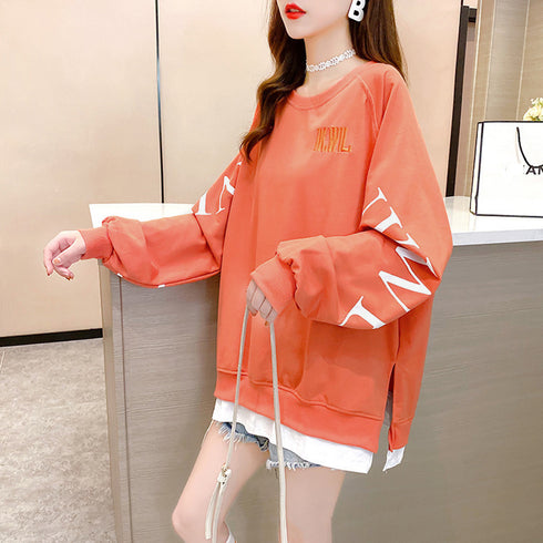 チュニックロンT 長袖 レディース韓国風 レイヤード風トップス おしゃれ ゆったりトレーナー 体型カバー 春秋服ストリート 重ね着風 スウェットカットソー ロゴT TIANCH-003