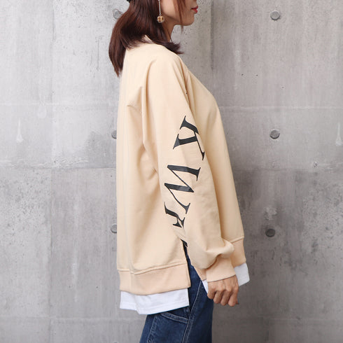チュニックロンT 長袖 レディース韓国風 レイヤード風トップス おしゃれ ゆったりトレーナー 体型カバー 春秋服ストリート 重ね着風 スウェットカットソー ロゴT TIANCH-003
