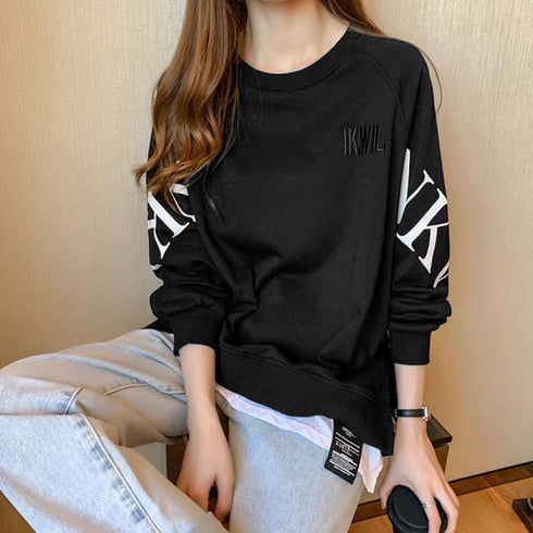 チュニックロンT 長袖 レディース韓国風 レイヤード風トップス おしゃれ ゆったりトレーナー 体型カバー 春秋服ストリート 重ね着風 スウェットカットソー ロゴT TIANCH-003