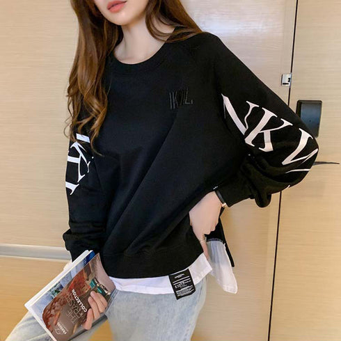 チュニックロンT 長袖 レディース韓国風 レイヤード風トップス おしゃれ ゆったりトレーナー 体型カバー 春秋服ストリート 重ね着風 スウェットカットソー ロゴT TIANCH-003