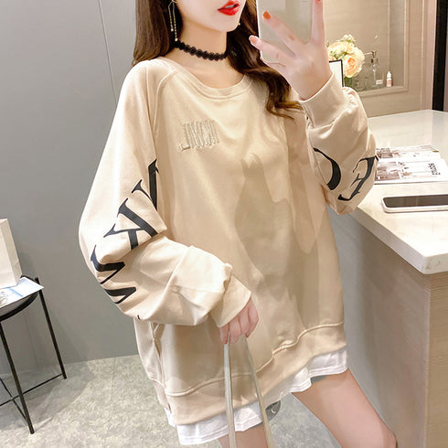 チュニックロンT 長袖 レディース韓国風 レイヤード風トップス おしゃれ ゆったりトレーナー 体型カバー 春秋服ストリート 重ね着風 スウェットカットソー ロゴT TIANCH-003