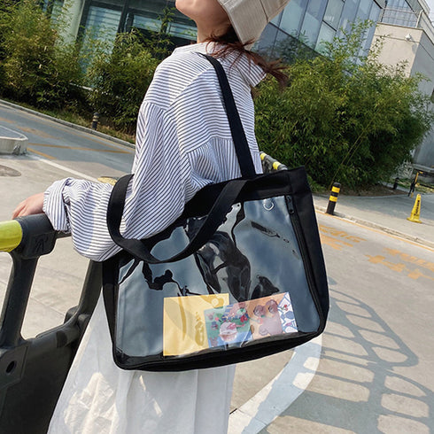 キャンバスバッグ クリアポケット 大容量 レディース 可愛い 横型トートバッグ 通勤通学 カジュアル 肩掛けカバン A4 おしゃれスクールバッグ韓国風 見せバッグ TZM-289