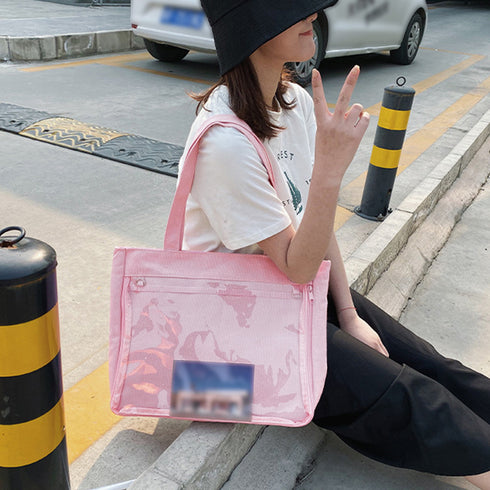 キャンバスバッグ クリアポケット 大容量 レディース 可愛い 横型トートバッグ 通勤通学 カジュアル 肩掛けカバン A4 おしゃれスクールバッグ韓国風 見せバッグ TZM-289