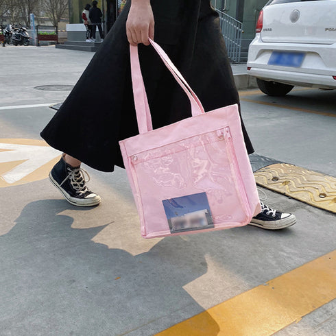 キャンバスバッグ クリアポケット 大容量 レディース 可愛い 横型トートバッグ 通勤通学 カジュアル 肩掛けカバン A4 おしゃれスクールバッグ韓国風 見せバッグ TZM-289