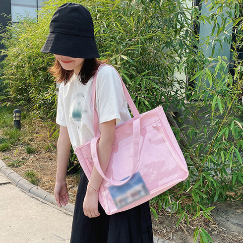 キャンバスバッグ クリアポケット 大容量 レディース 可愛い 横型トートバッグ 通勤通学 カジュアル 肩掛けカバン A4 おしゃれスクールバッグ韓国風 見せバッグ TZM-289