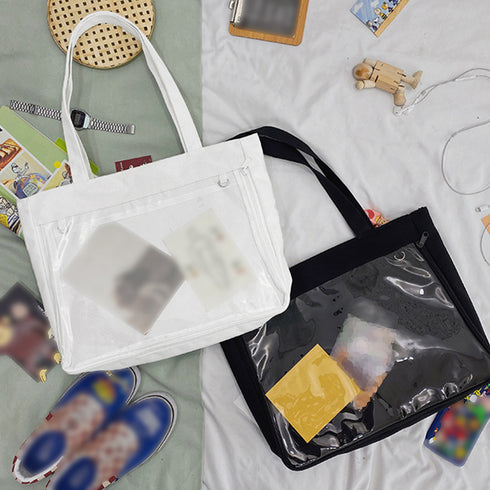 キャンバスバッグ クリアポケット 大容量 レディース 可愛い 横型トートバッグ 通勤通学 カジュアル 肩掛けカバン A4 おしゃれスクールバッグ韓国風 見せバッグ TZM-289