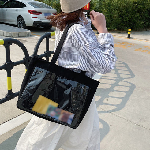 キャンバスバッグ クリアポケット 大容量 レディース 可愛い 横型トートバッグ 通勤通学 カジュアル 肩掛けカバン A4 おしゃれスクールバッグ韓国風 見せバッグ TZM-289