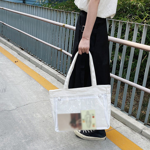 キャンバスバッグ クリアポケット 大容量 レディース 可愛い 横型トートバッグ 通勤通学 カジュアル 肩掛けカバン A4 おしゃれスクールバッグ韓国風 見せバッグ TZM-289