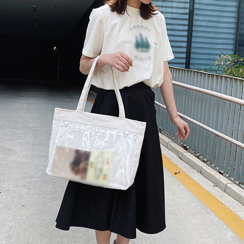 キャンバスバッグ クリアポケット 大容量 レディース 可愛い 横型トートバッグ 通勤通学 カジュアル 肩掛けカバン A4 おしゃれスクールバッグ韓国風 見せバッグ TZM-289