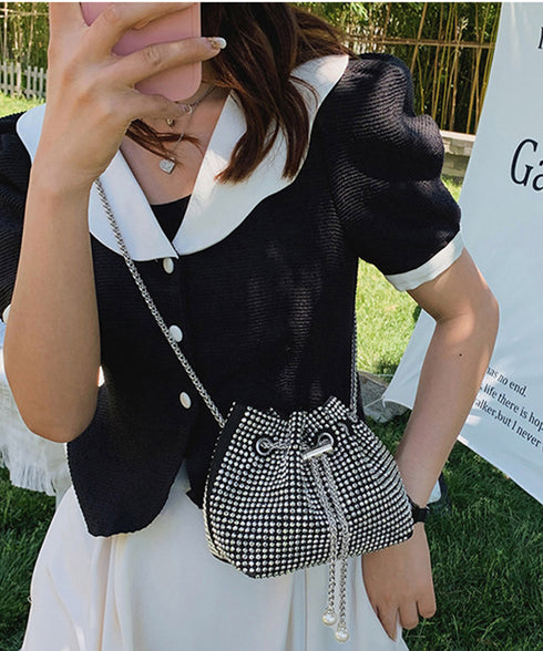 キラキラ 巾着バッグ チェーンミニバッグ バケツバッグ レディース ラインストーン 斜め掛けバッグ コンパクト 肩掛けかばん 可愛い お呼ばれバッグ 結婚式二次会 TZM-307