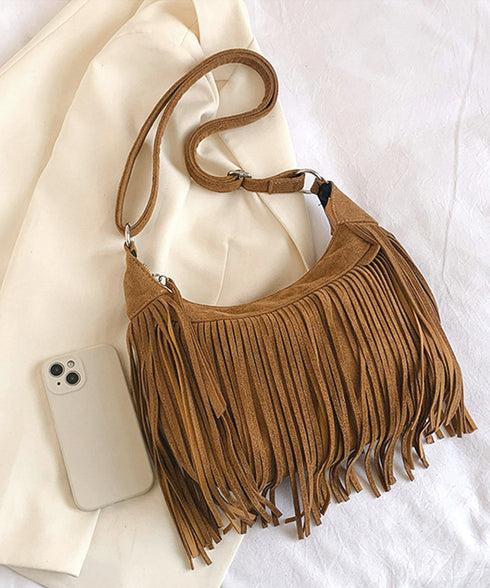 フリンジショルダーバッグスエード調バッグ レディース レトロ タッセルメッセンジャーバッグ カジュアル 斜め掛けカバン 大容量肩掛けバッグ 大きめ クロスボディ鞄 TZM-320