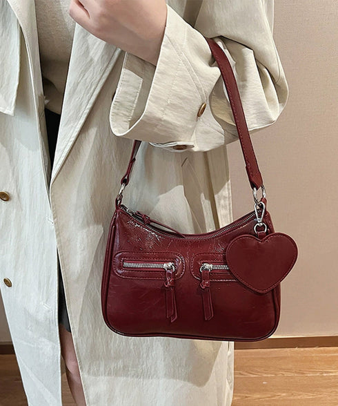 レトロショルダーバッグ ハートチャーム付 レディース 斜め掛け鞄 PUレザー肩掛けカバン 大人可愛いミニ鞄 韓国風 カジュアル ハンドバッグ 多収納 ストリート鞄 TZM-328