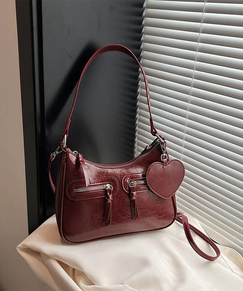 レトロショルダーバッグ ハートチャーム付 レディース 斜め掛け鞄 PUレザー肩掛けカバン 大人可愛いミニ鞄 韓国風 カジュアル ハンドバッグ 多収納 ストリート鞄 TZM-328