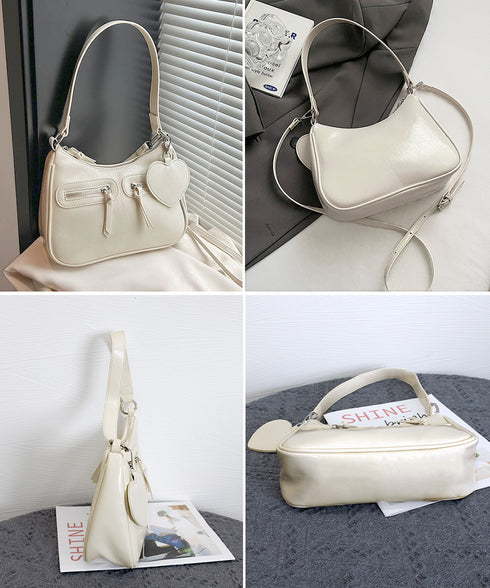 レトロショルダーバッグ ハートチャーム付 レディース 斜め掛け鞄 PUレザー肩掛けカバン 大人可愛いミニ鞄 韓国風 カジュアル ハンドバッグ 多収納 ストリート鞄 TZM-328