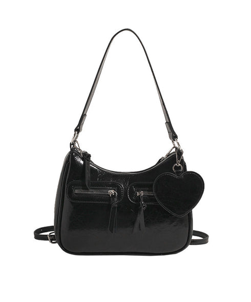 レトロショルダーバッグ ハートチャーム付 レディース 斜め掛け鞄 PUレザー肩掛けカバン 大人可愛いミニ鞄 韓国風 カジュアル ハンドバッグ 多収納 ストリート鞄 TZM-328