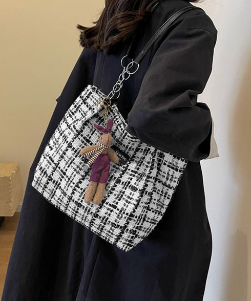 チェック柄トートバッグ ツイード風鞄軽量 肩掛けカバン チェーンショルダー 通勤通学バッグ レディース オフィスカジュアル ぬいぐるみチャーム付き鞄 ハンドバッグ TZM-330