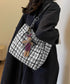 チェック柄トートバッグ ツイード風鞄軽量 肩掛けカバン チェーンショルダー 通勤通学バッグ レディース オフィスカジュアル ぬいぐるみチャーム付き鞄 ハンドバッグ TZM-330