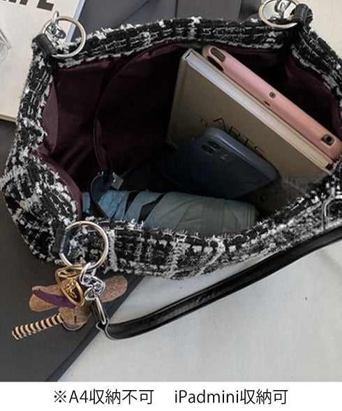 チェック柄トートバッグ ツイード風鞄軽量 肩掛けカバン チェーンショルダー 通勤通学バッグ レディース オフィスカジュアル ぬいぐるみチャーム付き鞄 ハンドバッグ TZM-330