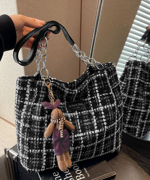 チェック柄トートバッグ ツイード風鞄軽量 肩掛けカバン チェーンショルダー 通勤通学バッグ レディース オフィスカジュアル ぬいぐるみチャーム付き鞄 ハンドバッグ TZM-330