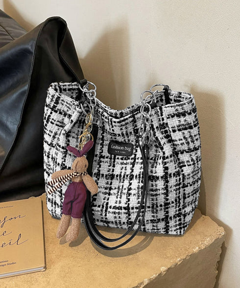 チェック柄トートバッグ ツイード風鞄軽量 肩掛けカバン チェーンショルダー 通勤通学バッグ レディース オフィスカジュアル ぬいぐるみチャーム付き鞄 ハンドバッグ TZM-330