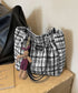 チェック柄トートバッグ ツイード風鞄軽量 肩掛けカバン チェーンショルダー 通勤通学バッグ レディース オフィスカジュアル ぬいぐるみチャーム付き鞄 ハンドバッグ TZM-330