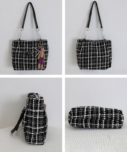 チェック柄トートバッグ ツイード風鞄軽量 肩掛けカバン チェーンショルダー 通勤通学バッグ レディース オフィスカジュアル ぬいぐるみチャーム付き鞄 ハンドバッグ TZM-330