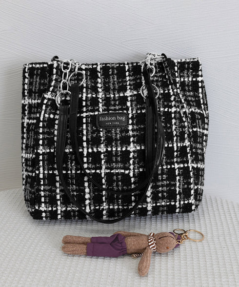 チェック柄トートバッグ ツイード風鞄軽量 肩掛けカバン チェーンショルダー 通勤通学バッグ レディース オフィスカジュアル ぬいぐるみチャーム付き鞄 ハンドバッグ TZM-330