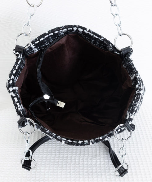 チェック柄トートバッグ ツイード風鞄軽量 肩掛けカバン チェーンショルダー 通勤通学バッグ レディース オフィスカジュアル ぬいぐるみチャーム付き鞄 ハンドバッグ TZM-330