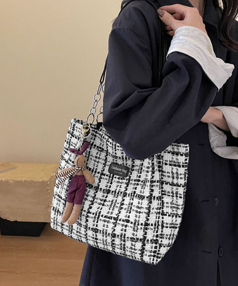 チェック柄トートバッグ ツイード風鞄軽量 肩掛けカバン チェーンショルダー 通勤通学バッグ レディース オフィスカジュアル ぬいぐるみチャーム付き鞄 ハンドバッグ TZM-330