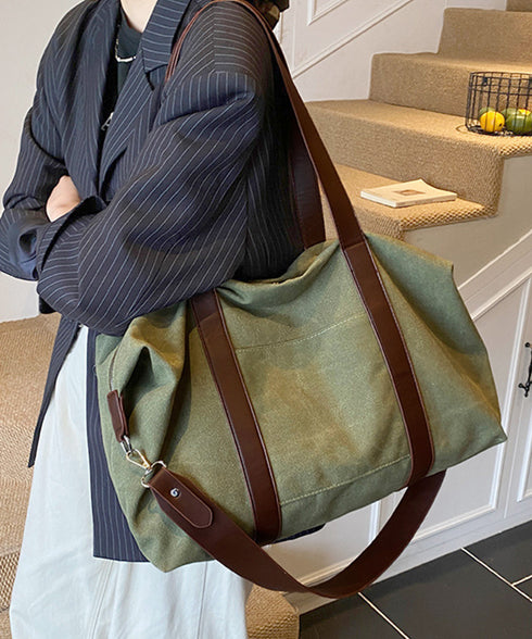 ボストンバッグ レザー切り替えショルダー 2WAYキャンバスバッグ 大容量 レトロ風ショルダーバッグ カジュアル鞄 A4収納可 軽量 ユニセックス旅行バッグ韓国風 TZM-338